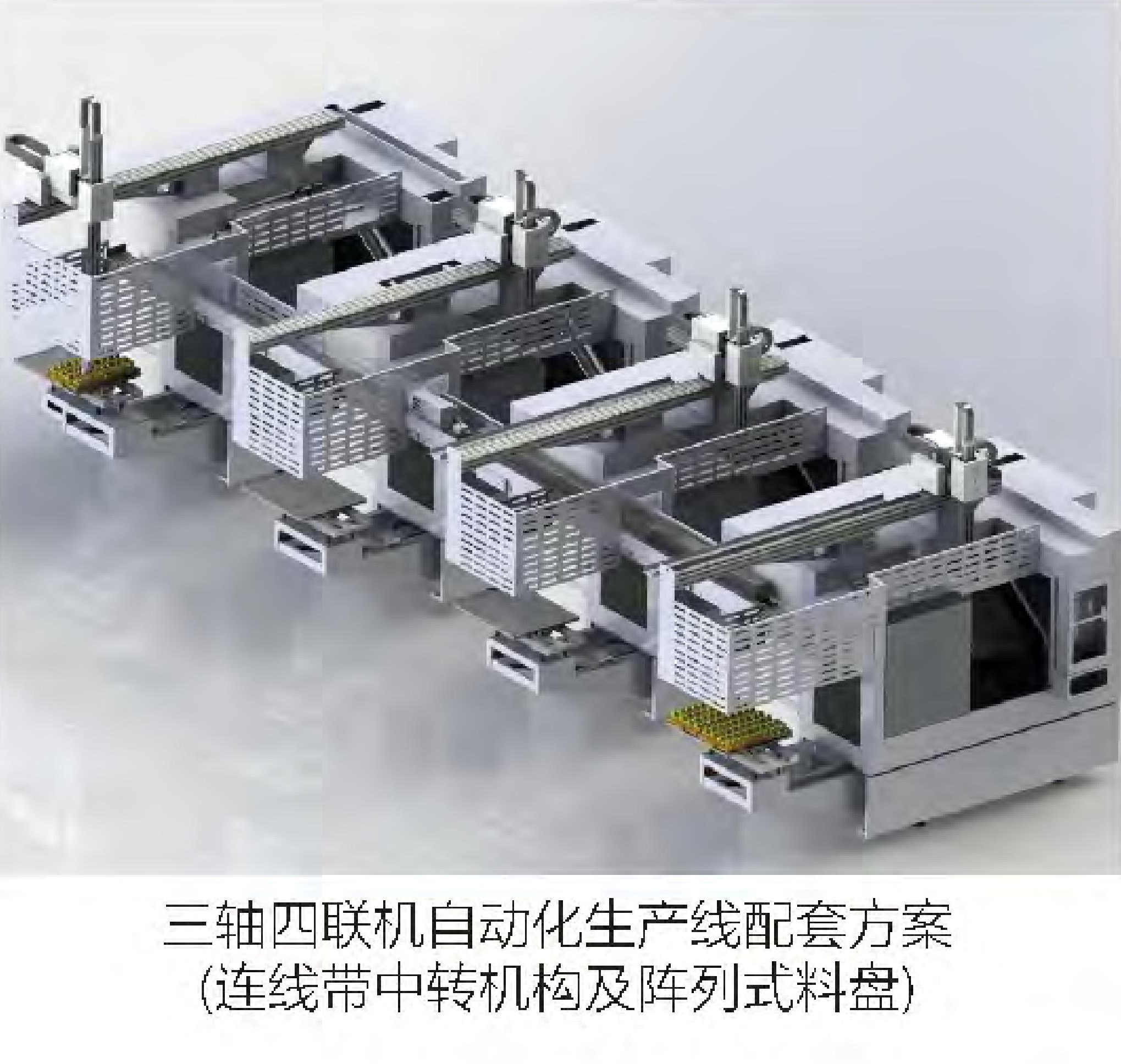 三軸四聯機~自動化生產線配套方案（連線帶中轉機構及陳列式料盤）